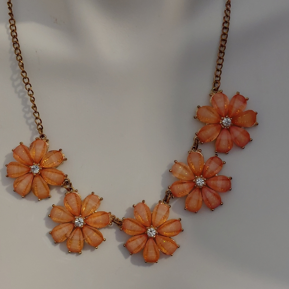 Source Unknown Gold Necklace with Orange Floral Accents